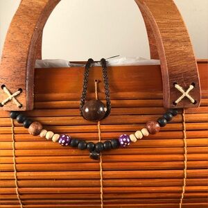 Vintage Bamboo Slatwood Handbag Wooden Handles with Beads and Elephant Button